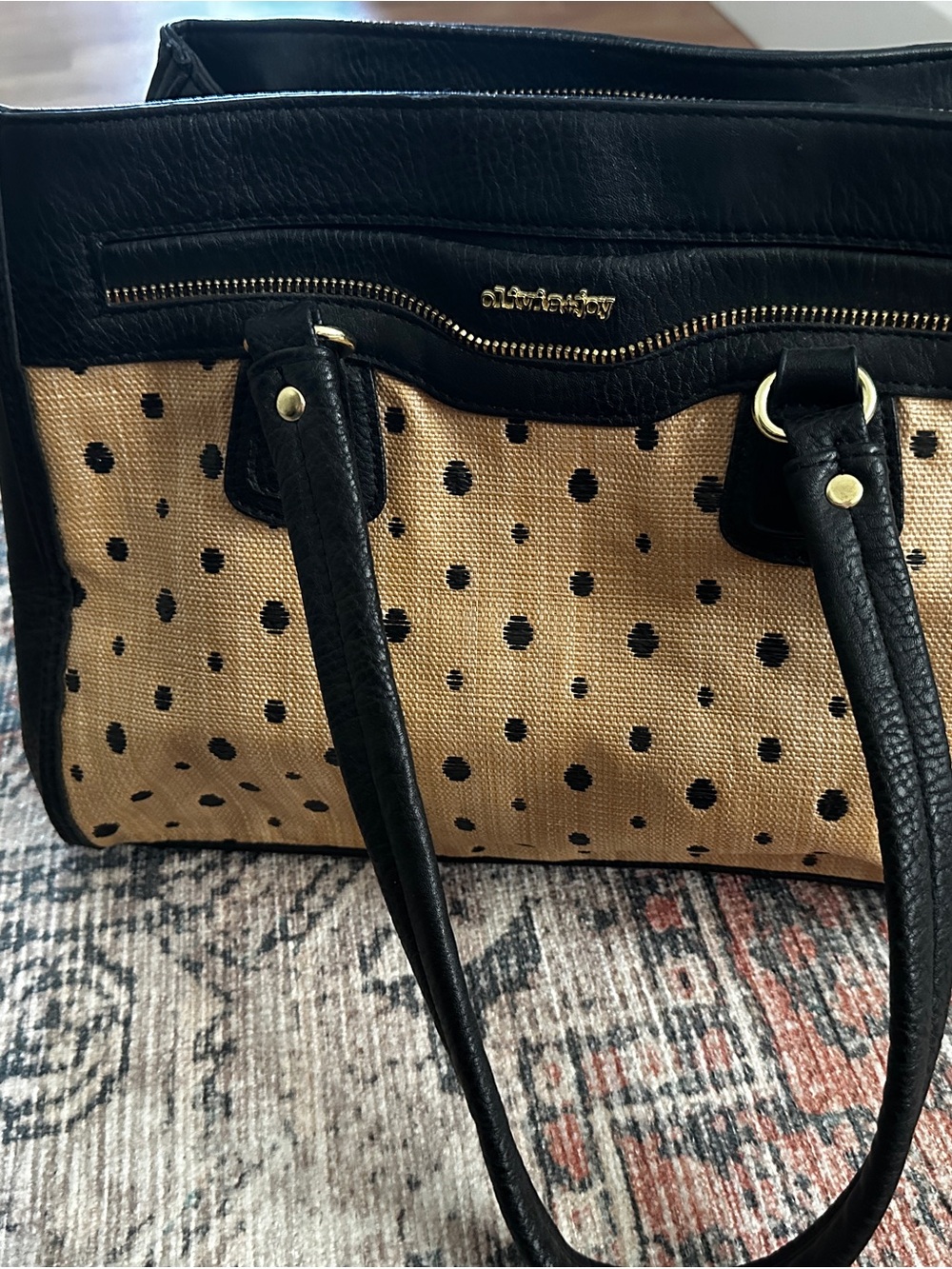 Olivia + Joy Tan Straw Tote with Black Polka Dots and Black Trim - Picture 2 of 9